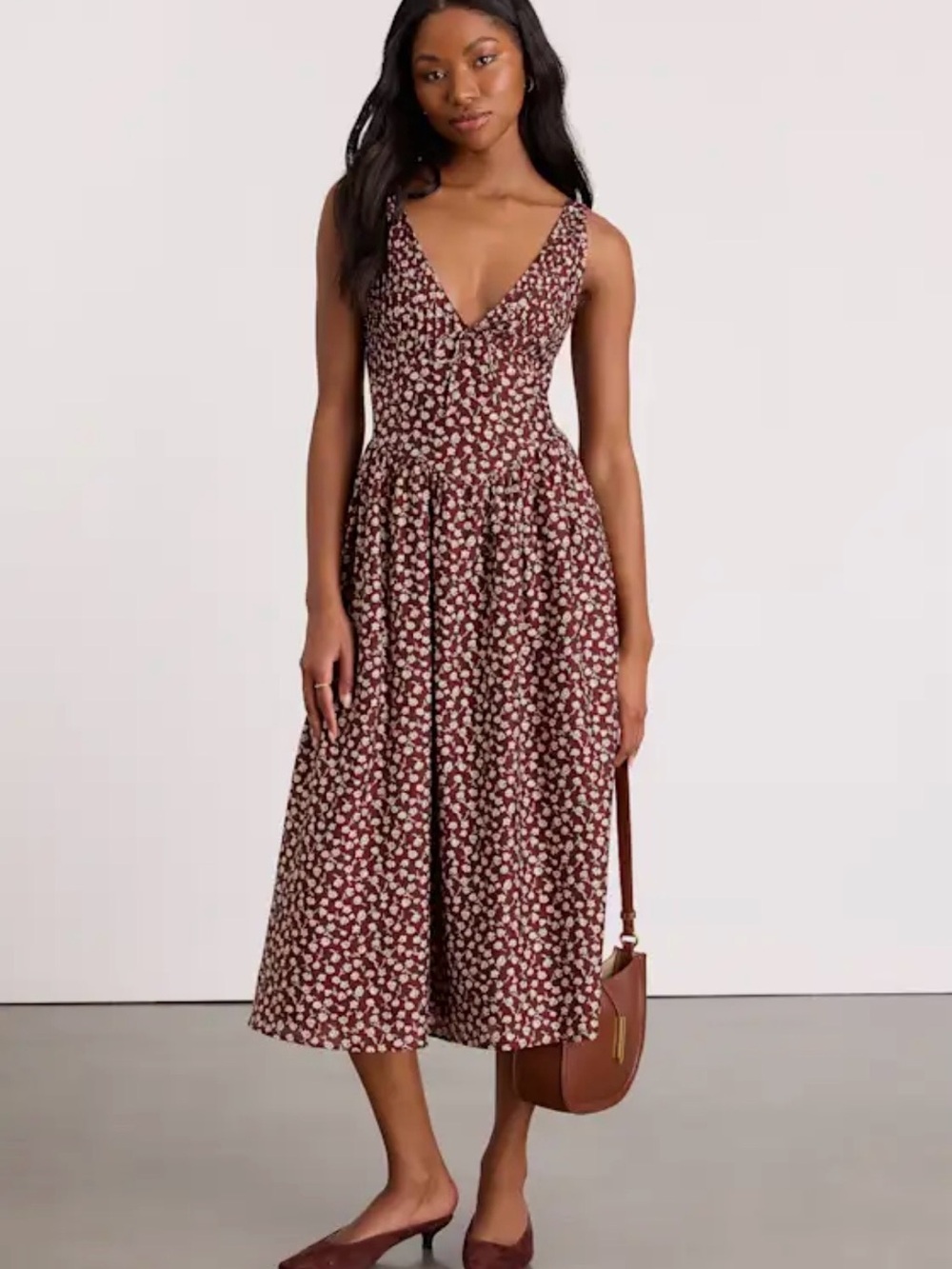 NWT Janella Brown Floral Basque Waist Midi Dress